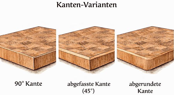 Kantenvarianten am Schneidebrett: 90 Grad Kante, abgeschrägte Kante und abgerundete Kante